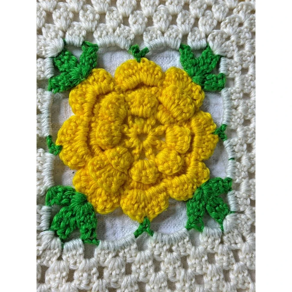 Vintage 70s Hand Crooked Granny Square Afghan Blanket 3D Yellow Flower Rose 48x7